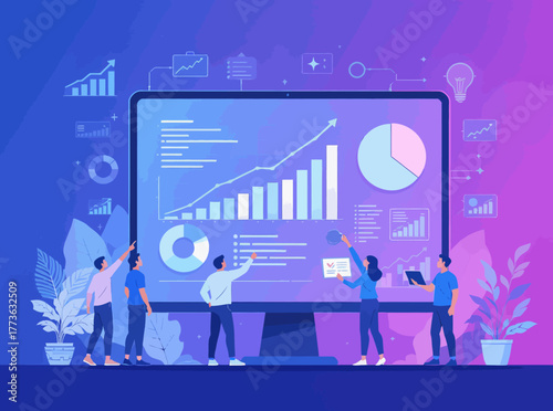 Business Team Analyzing Financial Data and Statistics on a Computer Screen