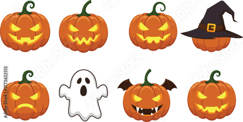Halloween pumpkins with witch hat, ghost, and bat scary faces glowing design for spooky decoration, cad drawing flat vector illustration