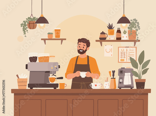 Warm and welcoming cafe scene with a skilled barista preparing fresh coffee, offering excellent service and a cozy atmosphere for customers to enjoy their favorite beverages