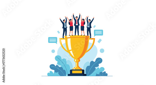A triumphant business team stands on a giant golden trophy with arms raised in victory, symbolizing collective success, achievement, and teamwork in a flat-design illustration.