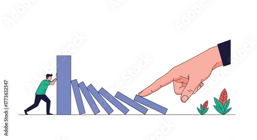 A small person valiantly tries to prevent a falling domino chain reaction, initiated by a powerful external hand, symbolizing individual effort against overwhelming challenges or forces.