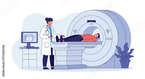 A healthcare professional guides a male patient into a modern magnetic resonance imaging (MRI) scanner for a diagnostic procedure in a hospital radiology department.