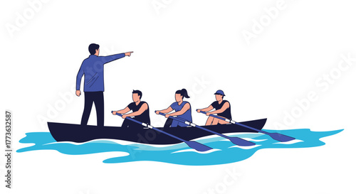 A dedicated coach leads a team of three rowers in a boat, providing clear direction and fostering collaboration and effort on the water to achieve their shared goal.