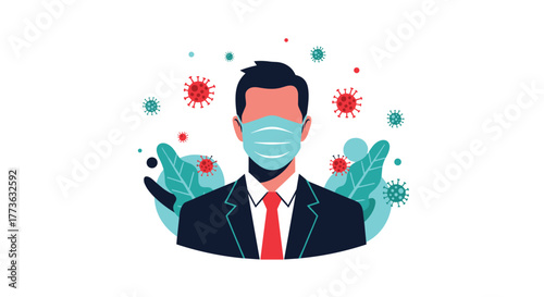 A businessman wearing a protective face mask to prevent the spread of coronavirus or other infectious diseases, surrounded by virus particles and abstract foliage.