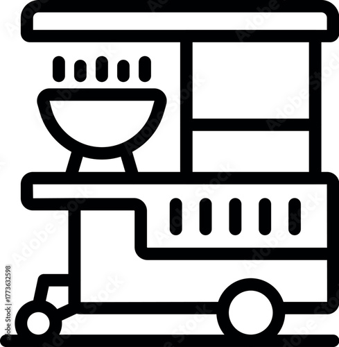 Mobile food cart cooking street food with brazier on wheels, simple black and white icon