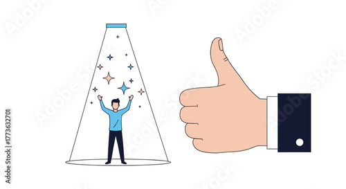 A man standing confidently in a spotlight, surrounded by shimmering stars, receives a large thumbs-up, symbolizing success, recognition, and approval.