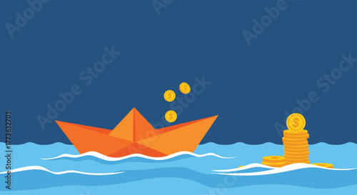 An orange paper boat on wavy blue water is losing golden dollar coins, while a stack of money on the right symbolizes financial loss and distant wealth.