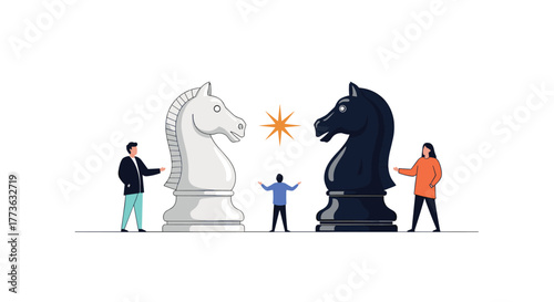 Illustrative concept of individuals contemplating strategic moves with giant white and black chess knights, symbolizing business rivalry and important decisions.
