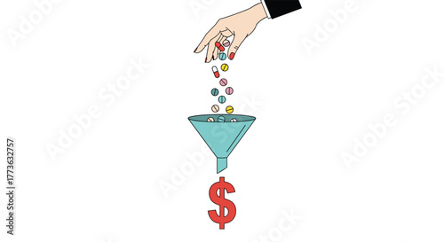 A hand drops colorful pills and capsules into a funnel, which then produces a dollar sign, symbolizing the financial aspects of medicine, pharmaceutical profits, and healthcare costs.