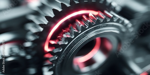 Closeup of a glowing red metallic gear with a blurred background. Industrial motion concept with mechanical parts. Innovation technology.