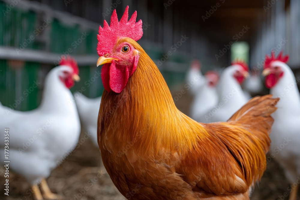 Fototapeta premium Rooster looking at camera in chicken coop