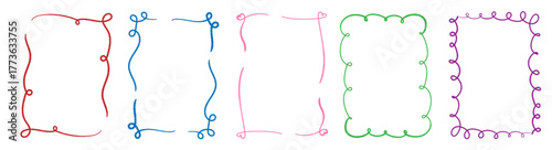 Set of crayon drawn coquette frames. Scallop border wavy line. Curvy vintage whimsical borders. Great for wedding invitations, birthday card, prints