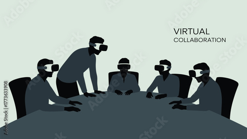 Diverse team collaborates seamlessly using virtual reality headsets in a modern meeting room, embracing future technology for innovative teamwork.