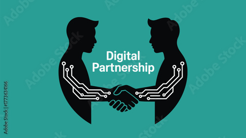 Two silhouetted figures shake hands, symbolizing a modern digital partnership with integrated circuit patterns on their arms