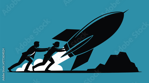 Dynamic business team collaborates to launch rocket, symbolizing ambitious project startup and rapid growth in a modern corporate world