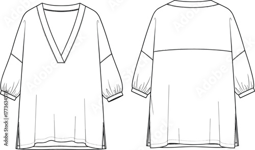 CAD drawing flat vector illustration, women’s puff sleeve top sketch, fashion blouse design template, V-ne