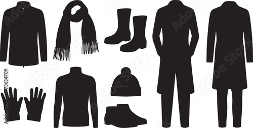 Collection of Winter Clothing and Accessories Silhouettes for Cold Weather Apparel Design and Fashion Graphics