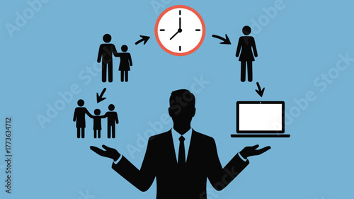 Juggling work and family life, a businessman manages priorities and time for a balanced lifestyle and career success.