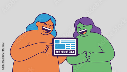 Two people sharing a laugh while reading a satirical news article with a disclaimer reading For Humor Only visible.