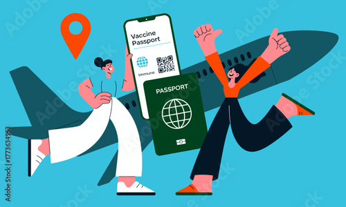 This vibrant image depicts two travelers joyfully displaying their vaccine passports, embodying the excitement of travel in a post-pandemic world with an airplane backdrop.