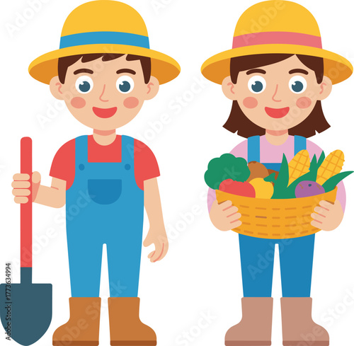 Cartoon farmer man with shovel, woman farmer holding basket vegetables, agriculture, harvest, gardening, healthy food