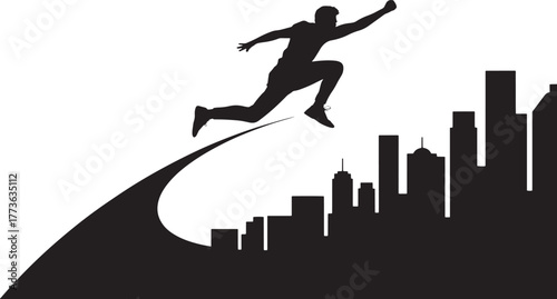 Runner Leaping Over Skyline: Abstract Sport Illustration with City Theme