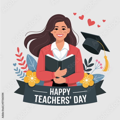 A cheerful teacher stands amidst flowers with a graduation cap and a book, radiating positivity and appreciation for education on Teachers' Day. A perfect tribute.