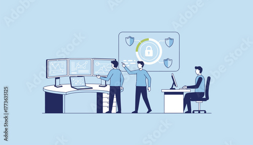 A cybersecurity incident response team working in a control center analyzing breaches and countermeasures.