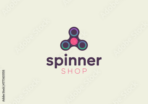 A modern logo design for a spinner shop featuring a playful fidget spinner icon, encapsulating the fun and entertainment of fidget toys for all ages.