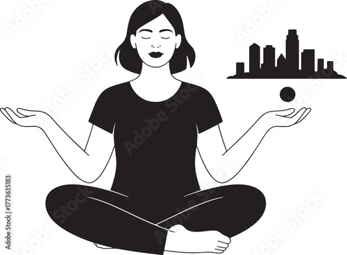 Serene Woman in Meditation Pose Balancing City Skyline for Mindfulness and Harmony