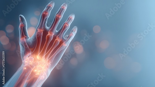 3D rendered transparent human hand showing glowing joints and bones structure with medical technology background