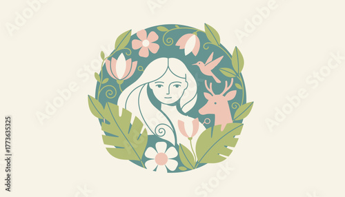 A serene natureinspired avatar showing a character surrounded by flora and fauna with gentle colors and soft flowing lines.