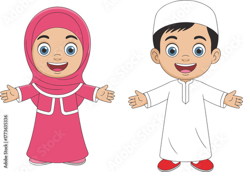 Cartoon Muslim children, Islamic traditional dress, happy boy and girl, cultural clothing, smiling faces, friendly gesture