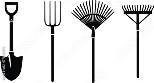 Garden tools silhouette set with shovel, pitchfork, leaf rake and soil rake, outdoor farming equipment, cad drawing flat vector illustration