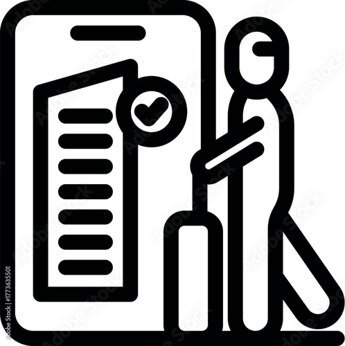 Businessman pulling suitcase and booking hotel room using mobile app