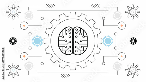 Abstract representation of artificial intelligence and mechanical engineering concepts with a central brain and surrounding gears