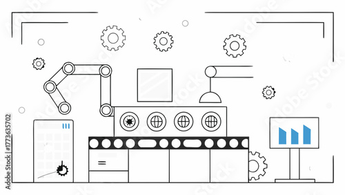 Modern automated factory illustration with robotic arm conveyor belt and data monitoring screen