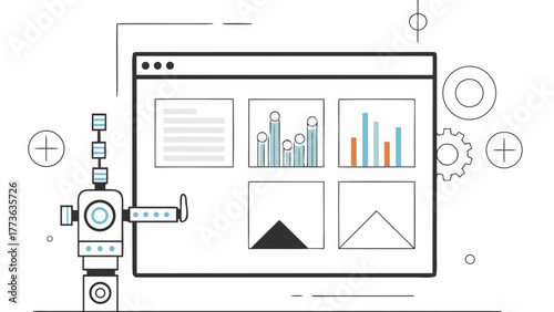 Robot interacting with digital interface displaying charts and data analysis tools