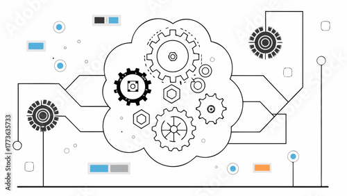 Abstract illustration of interconnected gears and technological elements within a cloud like structure symbolizing complex systems and data processing