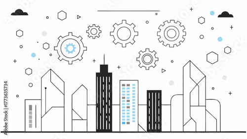 Abstract cityscape with gears and geometric shapes representing urban development and technological integration