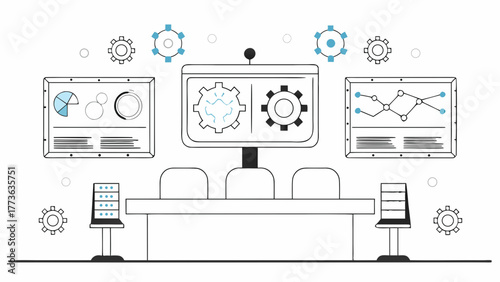 Modern control room with data visualization screens and interactive gears symbolizing complex operations and analysis