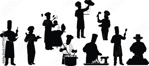 Chef silhouettes cooking, culinary teamwork, kitchen activity, professional chefs, restaurant staff, food preparation, barbecue grilling, seasoning dishes