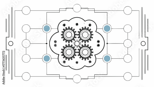 Abstract illustration of interconnected nodes and gears within a cloud shape representing a complex system