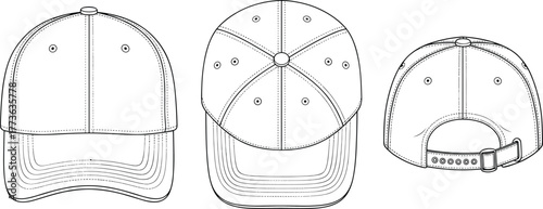 Baseball cap technical drawing front top back view, unisex fashion accessory, adjustable strap design, cad drawing flat vector illustration