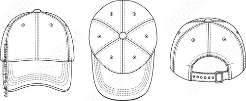 Baseball cap front top back view technical drawing, fashion accessory design template, casual hat style, cad drawing flat vector illustration