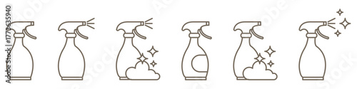 Set of spray line icons isolated on transparent background. Cleaning spray, foam sprayer, and detergent bottle symbols for hygiene, household, and disinfectant design. Editable stroke.