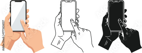 Three illustrations of hands holding smartphones and touching screens