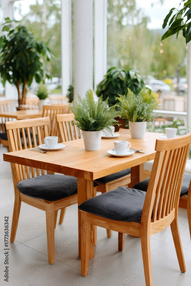 Fototapeta premium Modern cafe interior with plants and empty tables