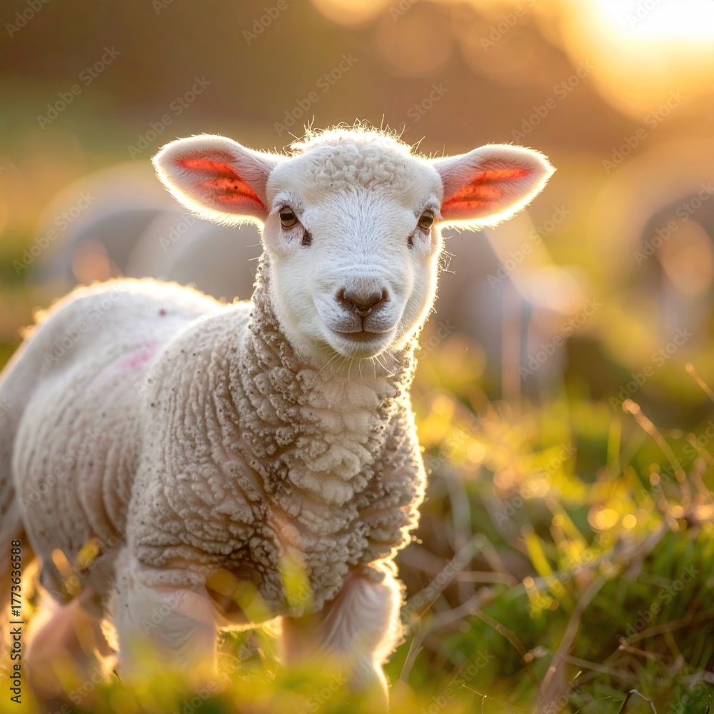 Fototapeta premium Close-up of a fluffy lamb in a sunny meadow