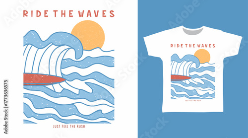 Sun and surf illustration, hand drawn vector ready for print on t-shirt and other uses.